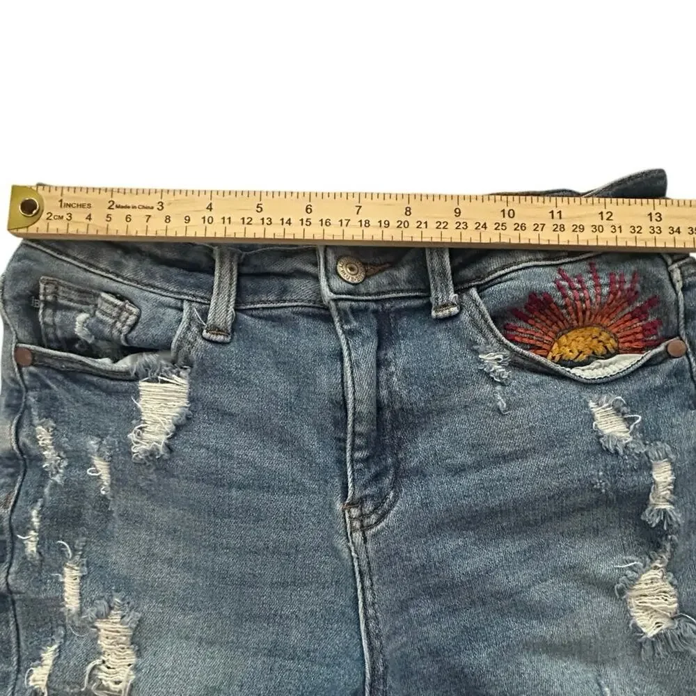Judy Blue M High Rise Distressed Denim Shorts Sun Embroidered